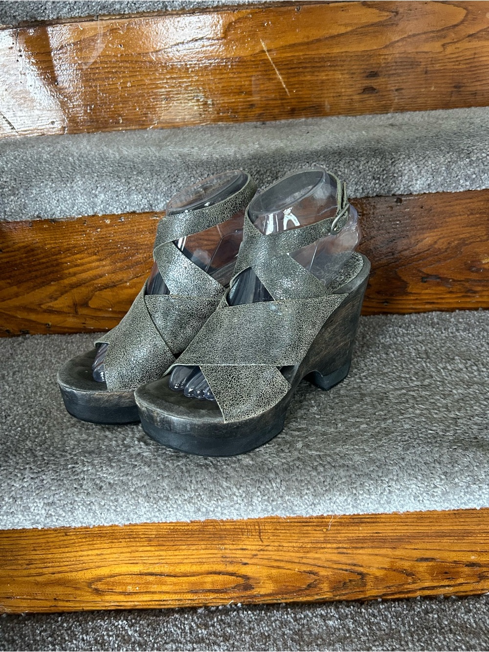 Calleen Cordero Metallic Pewter Criss Cross Wedge Platform Sandal